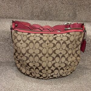 Coach Tan and Red Signature Shoulder Bag